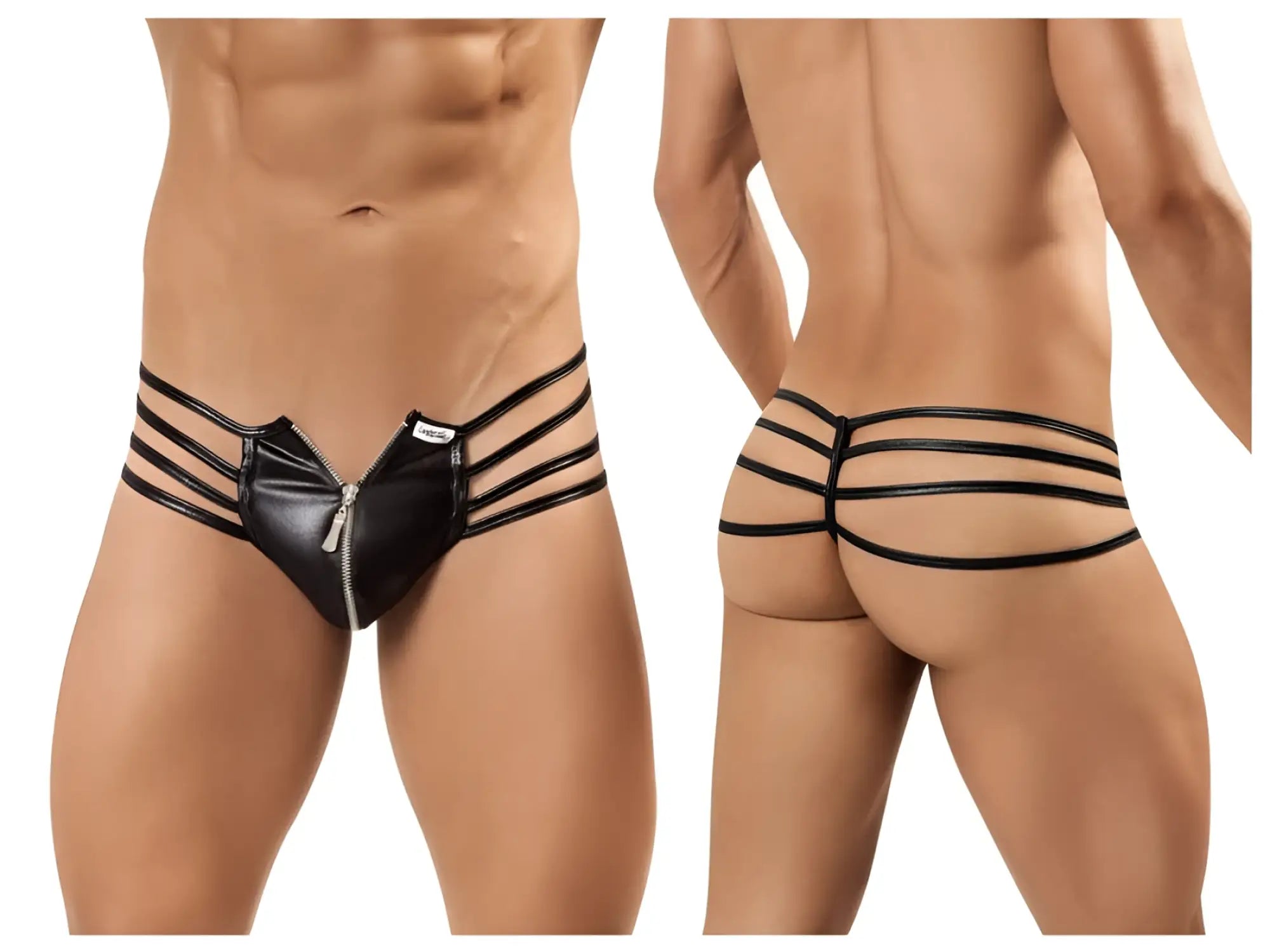 Black faux leather thong candyman 99140 with central zipper and three horizontal straps front view