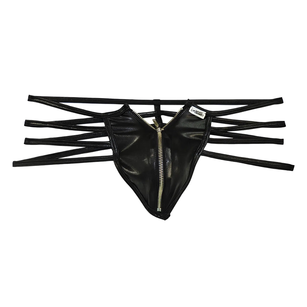 Black faux leather thong candyman 99140 featuring a central zipper and multiple thin side straps