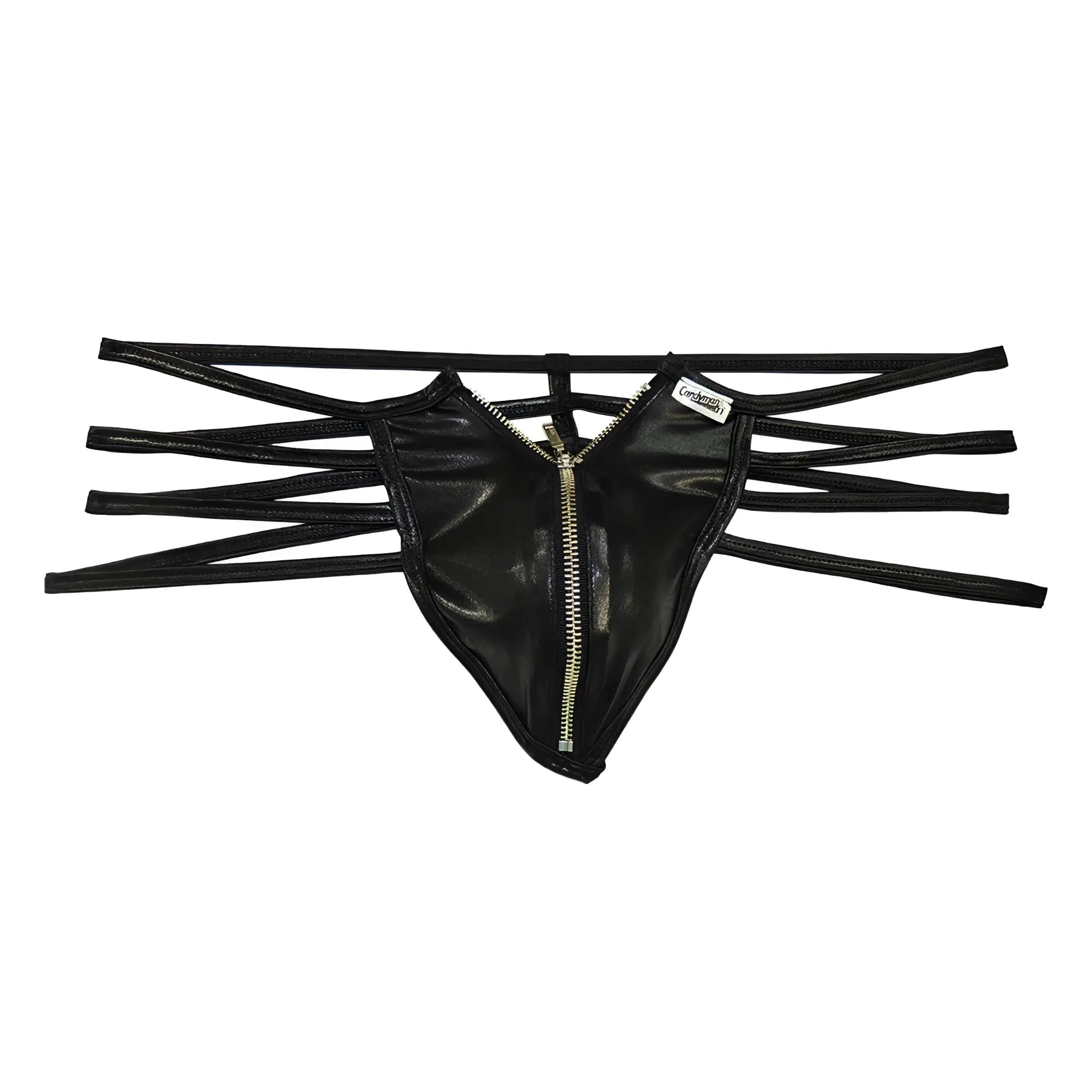 Black faux leather thong candyman 99140 featuring a central zipper and multiple thin side straps