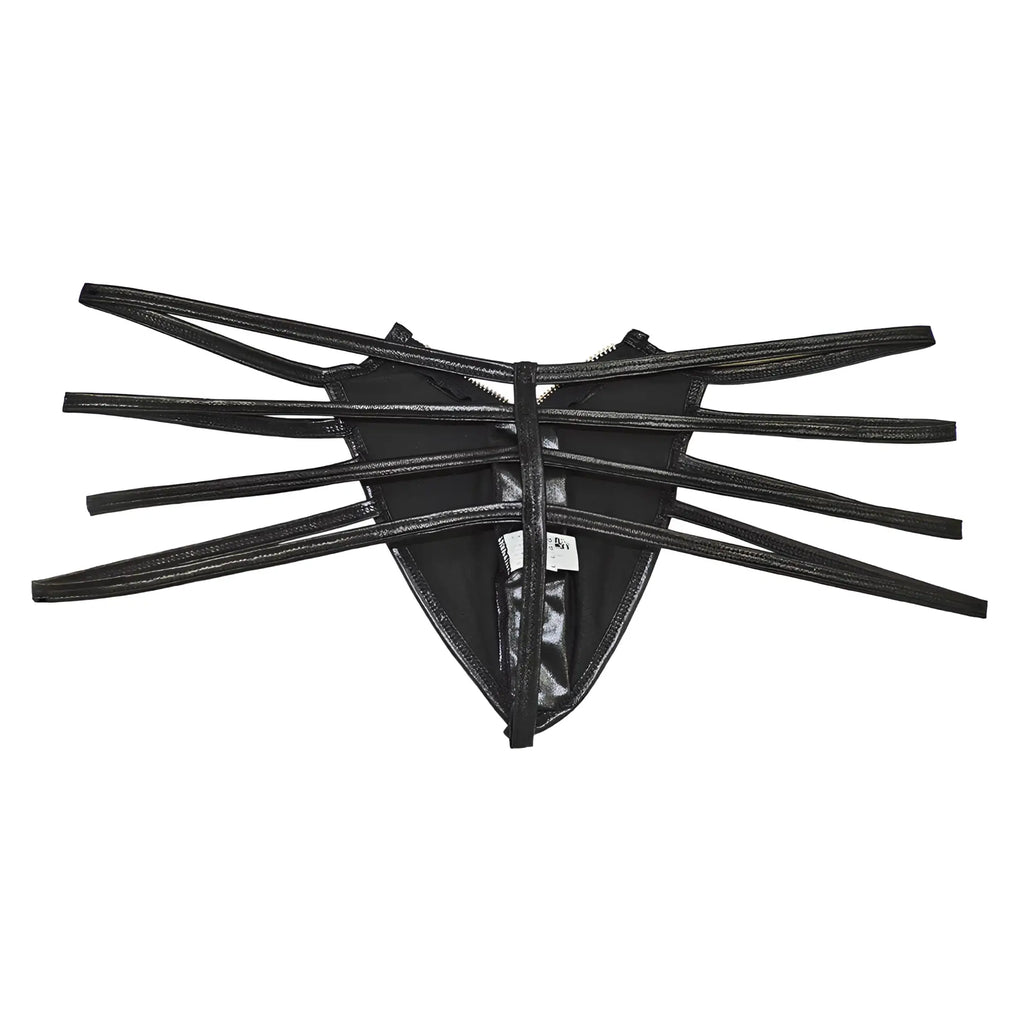 Black candyMan 99140 thong made of glossy faux leather with multiple thin straps radiating from the center