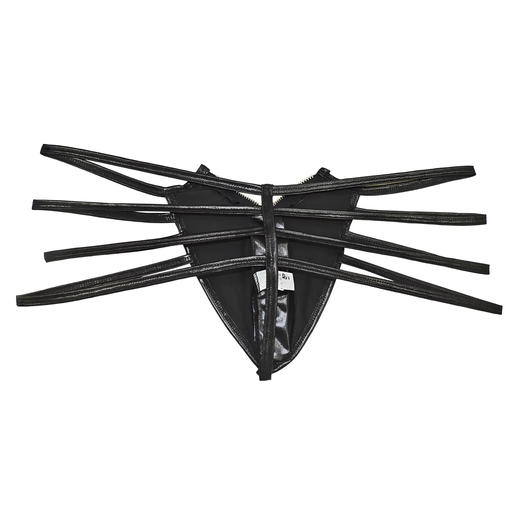 Black candyMan 99140 thong made of glossy faux leather with multiple thin straps radiating from the center