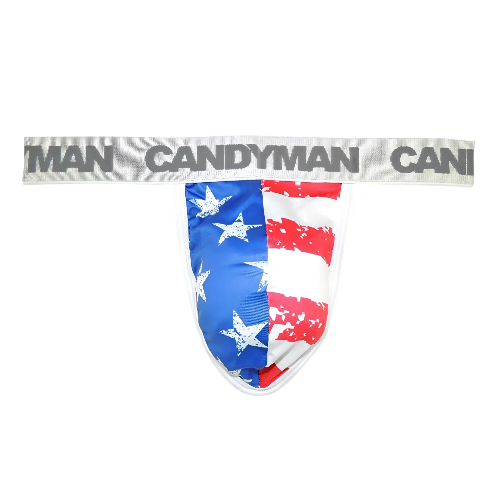Candyman 99154 patriotic thong featuring american flag-themed distressed red white and blue fabric with gray waistband
