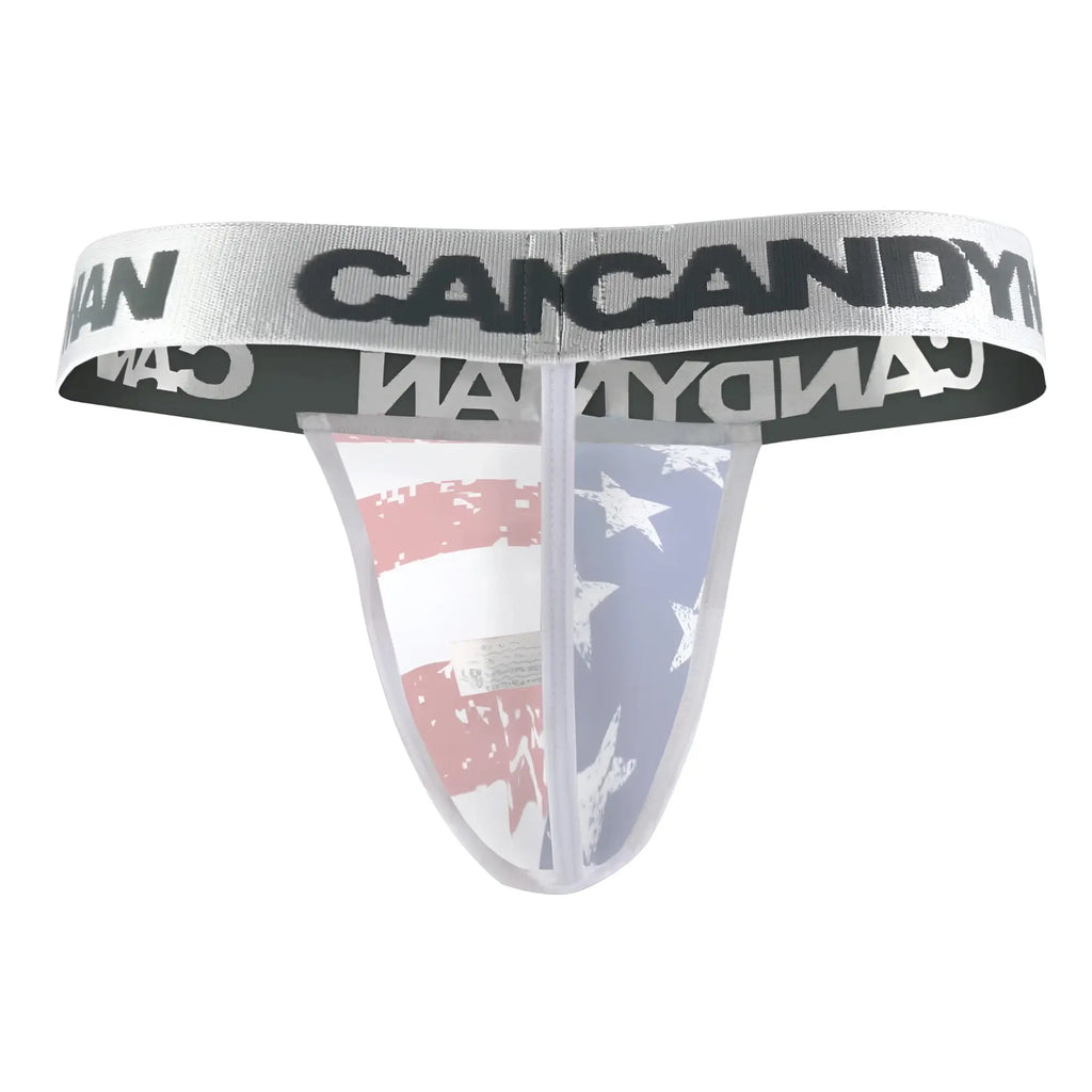 Transparent american flag-themed thong with silver can candy waistband in multicolored patriotic design