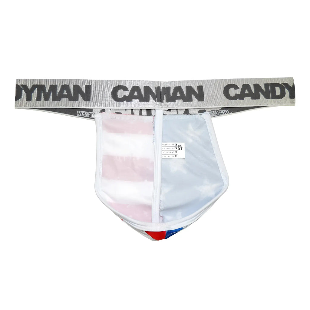 Transparent men’s briefs CandyMan 99154 with gray waistband candy lettering and colorful striped panels patriotic style