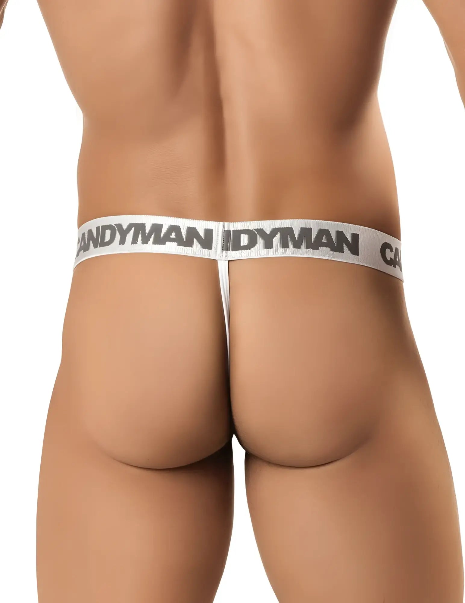 Candyman 99154 patriotic thong white with a gray logo waistband band in a multi-colored design shown from the back