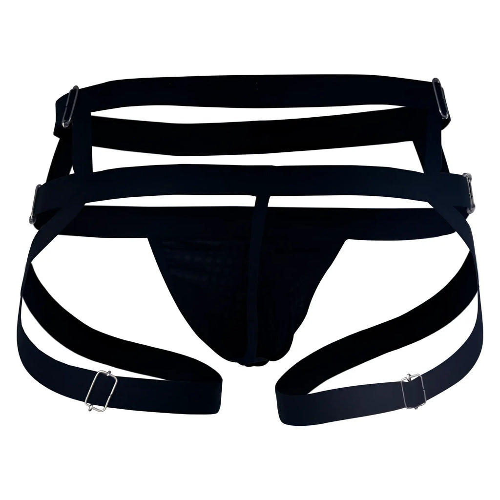 Black elastic harness jockstrap with silver toned metal buckles from candyman 99242 in black color
