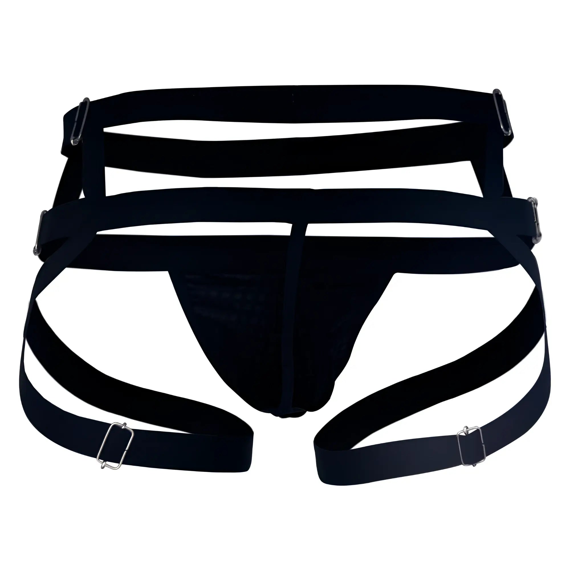 Black elastic harness jockstrap with silver toned metal buckles from candyman 99242 in black color