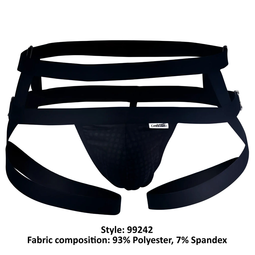Black candyman 99242 jockstrap athletic briefs with supportive multi-strap design and mesh paneling