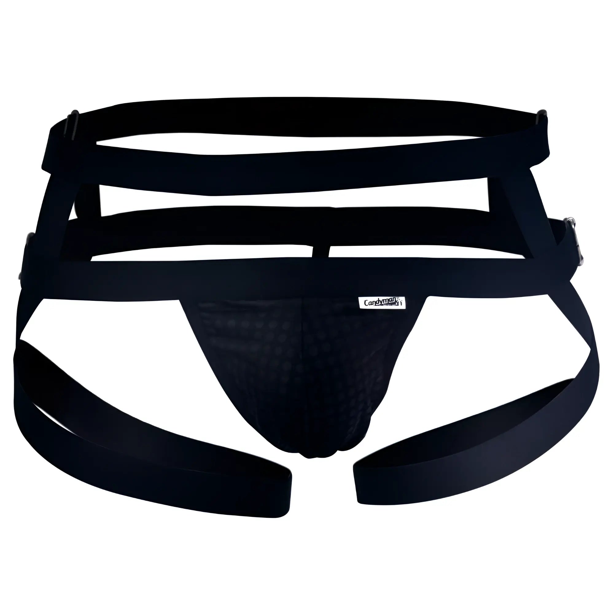 CandyMan 99242 jockstrap black mesh briefs with supportive multi-strap design and adjustable buckles back view