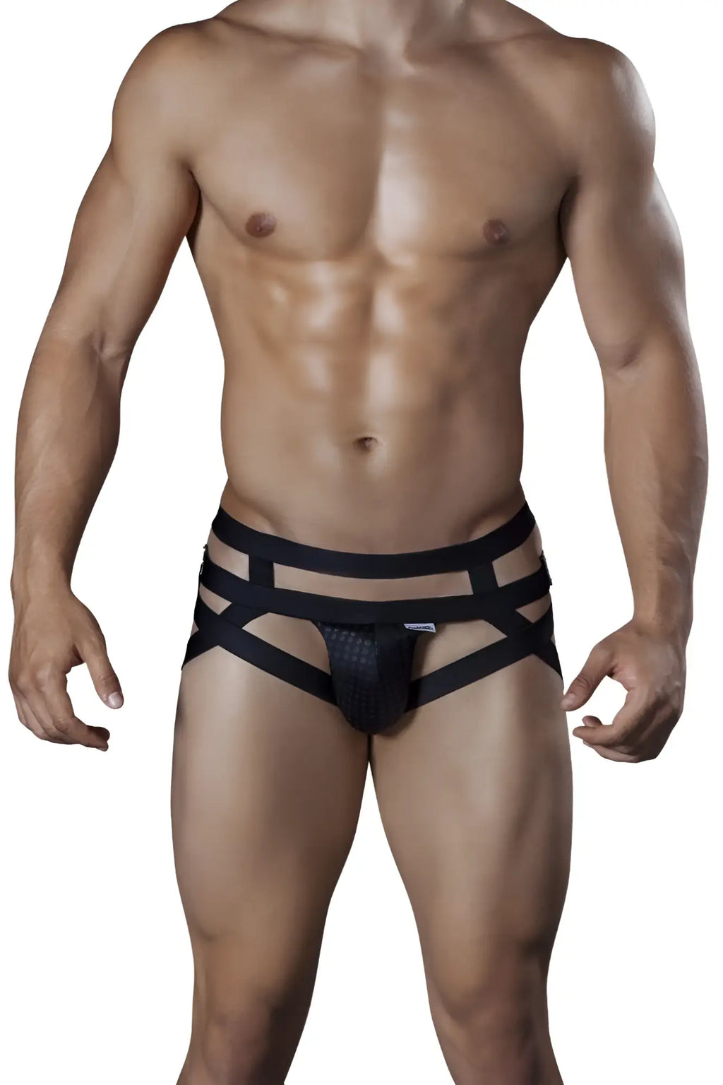 Black candyman 99242 jockstrap briefs with textured front panel and multiple horizontal straps in strappy design