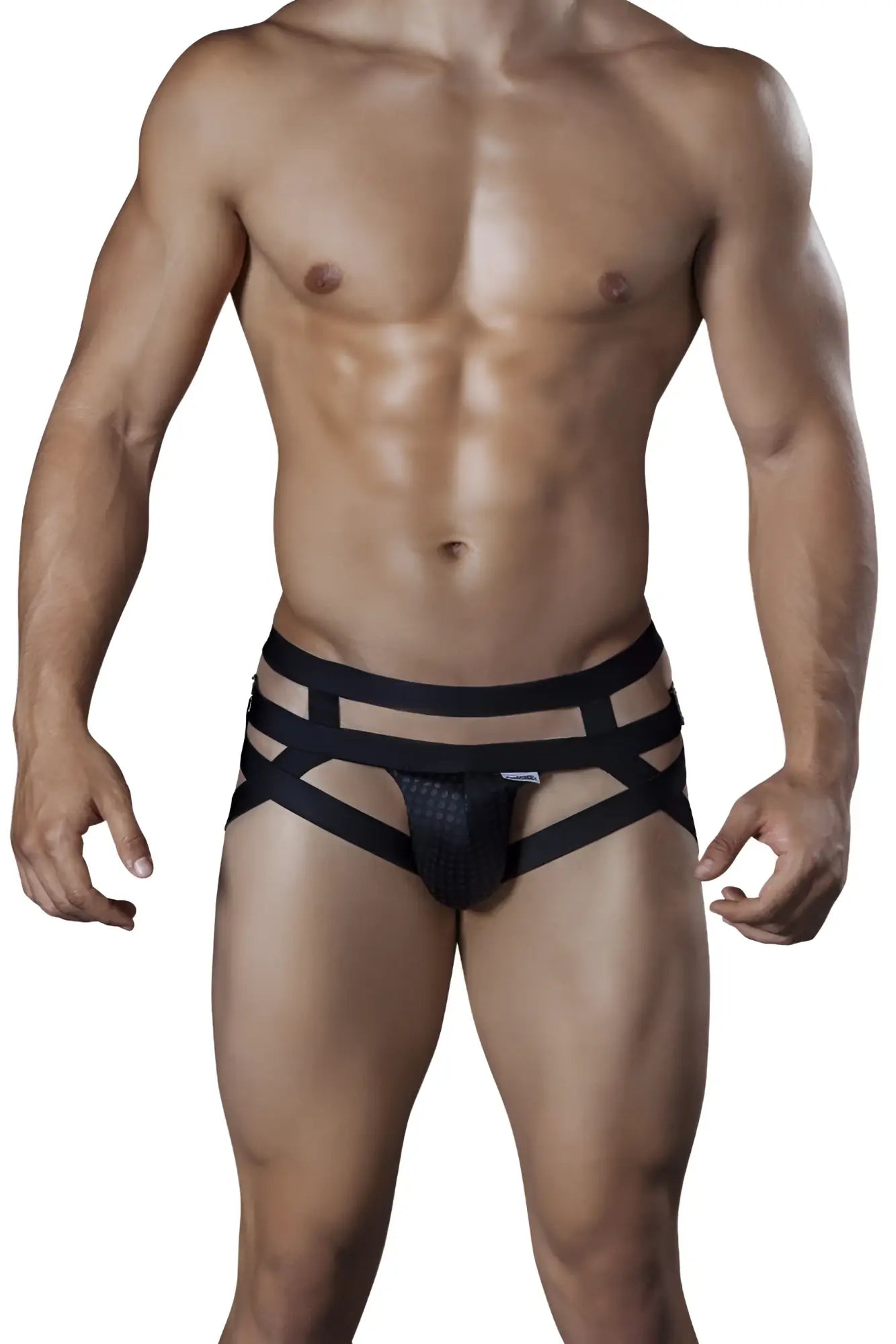 Black candyman 99242 jockstrap briefs with textured front panel and multiple horizontal straps in strappy design