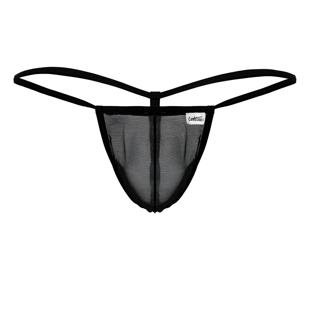 Black candyMan 99246 g-string thong made of mesh with thin elastic straps and a branded label visible