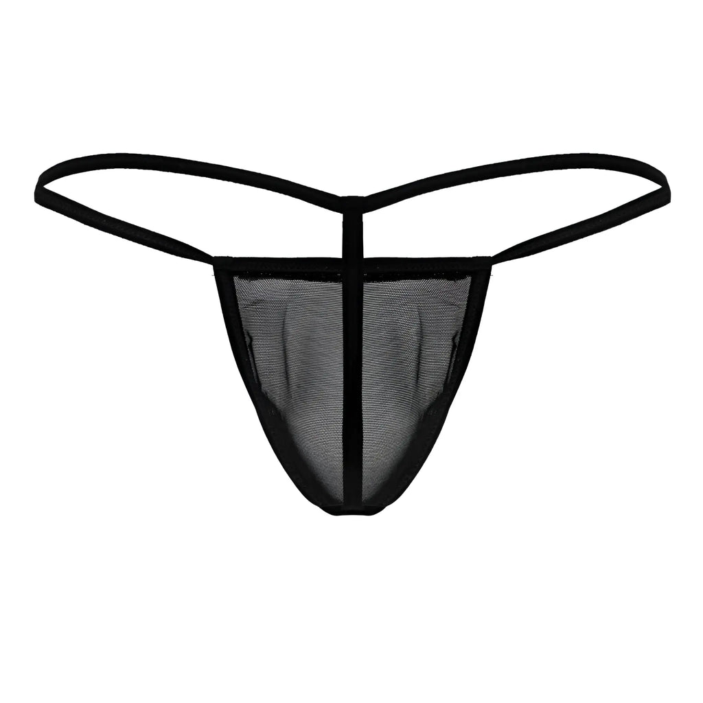 Black mesh CandyMan 99246 G-string thong with thin elastic straps and central vertical seam front view