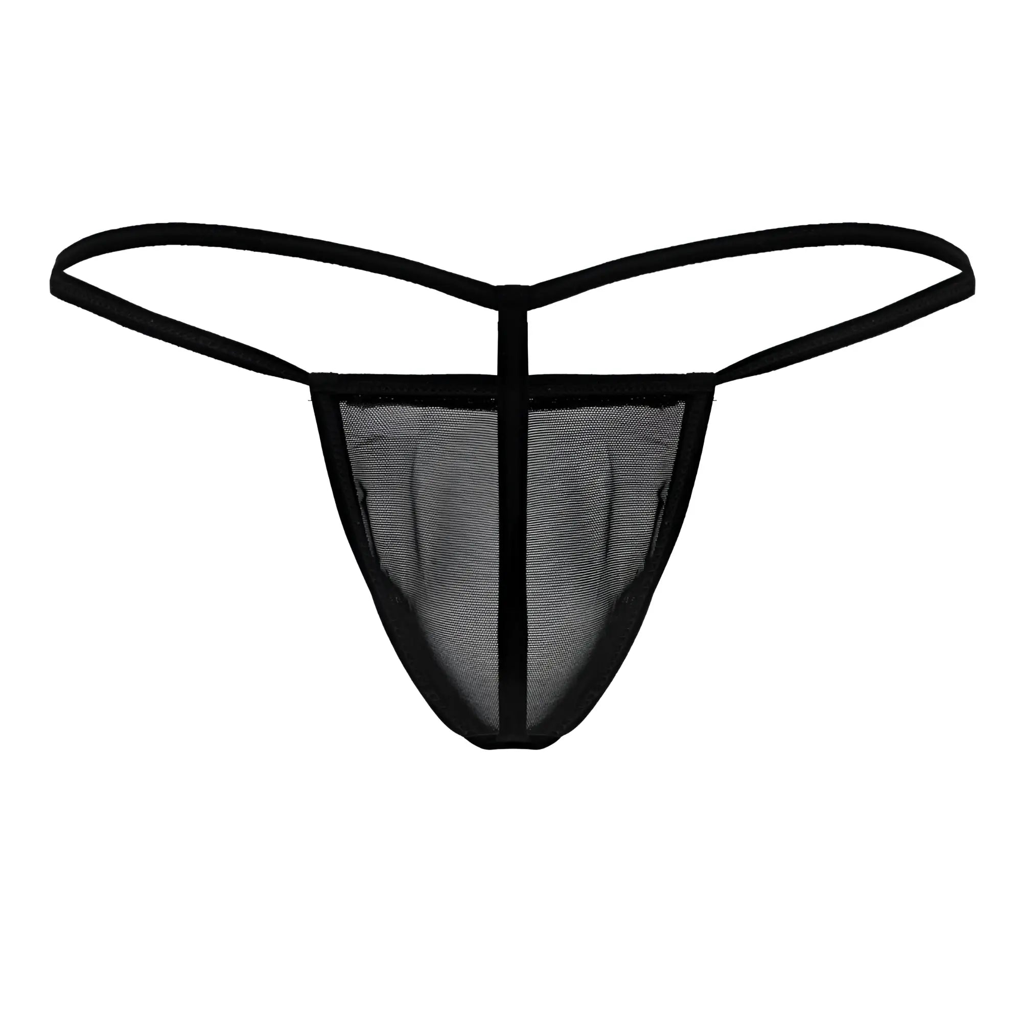 Black mesh CandyMan 99246 G-string thong with thin elastic straps and central vertical seam front view