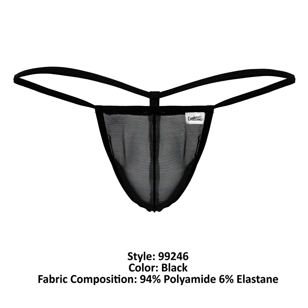 Black CandyMan 99246 g-string thong made of mesh with thin elastic straps and a small white brand tag visible