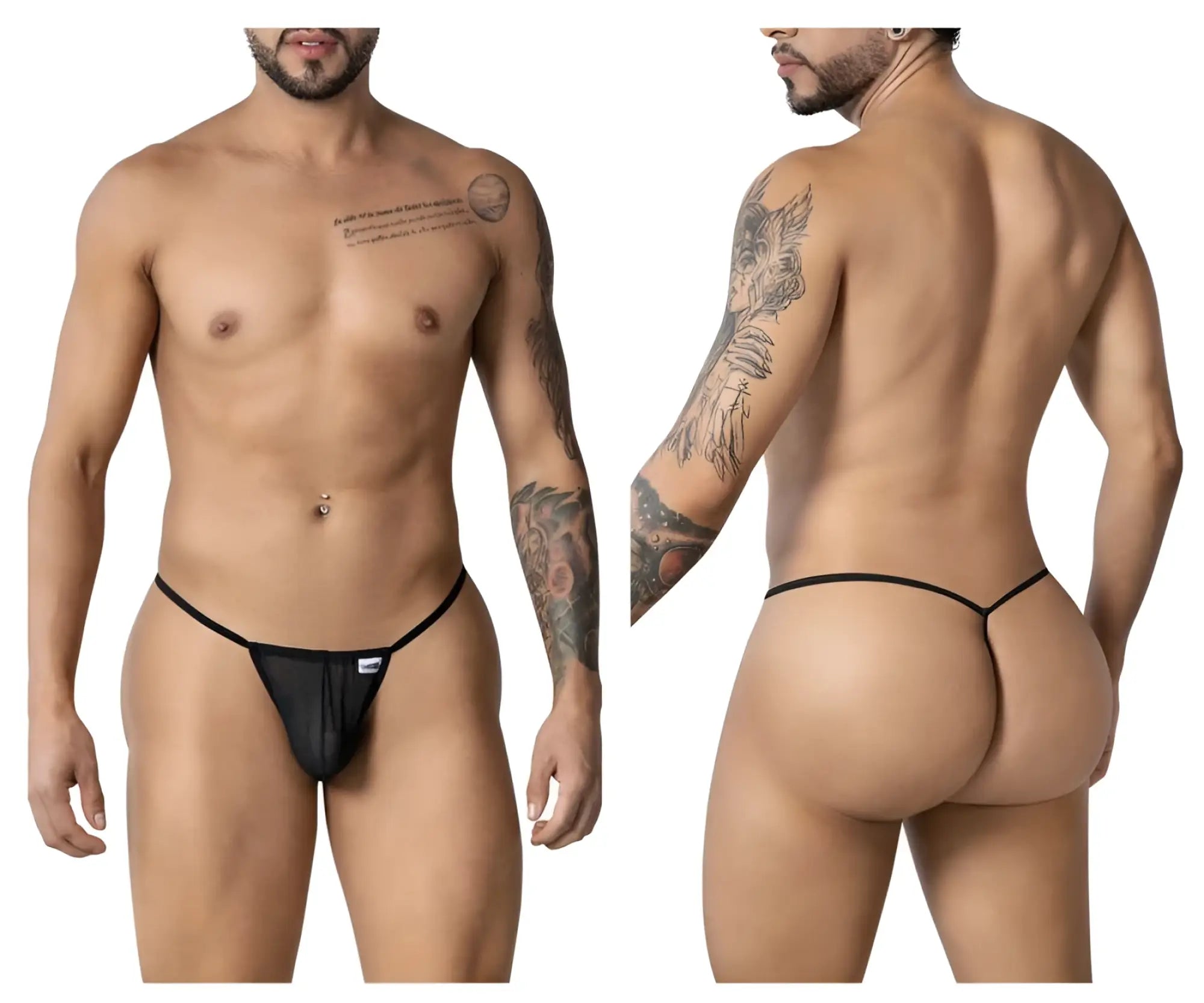CandyMan 99246 black mesh thong with thin elastic waistband and small white brand tag visible on the back side