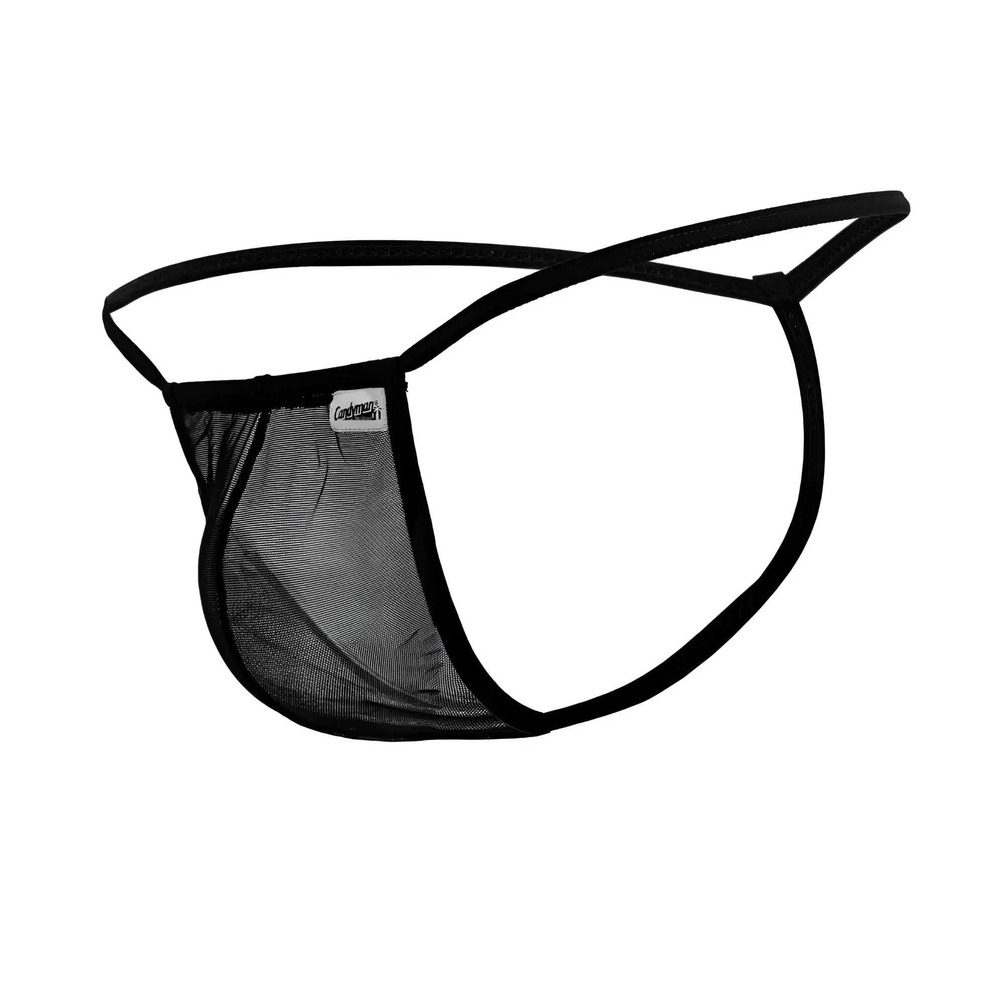 Black mesh thong g-string with solid black elastic band and trim candy man 99246 in black color