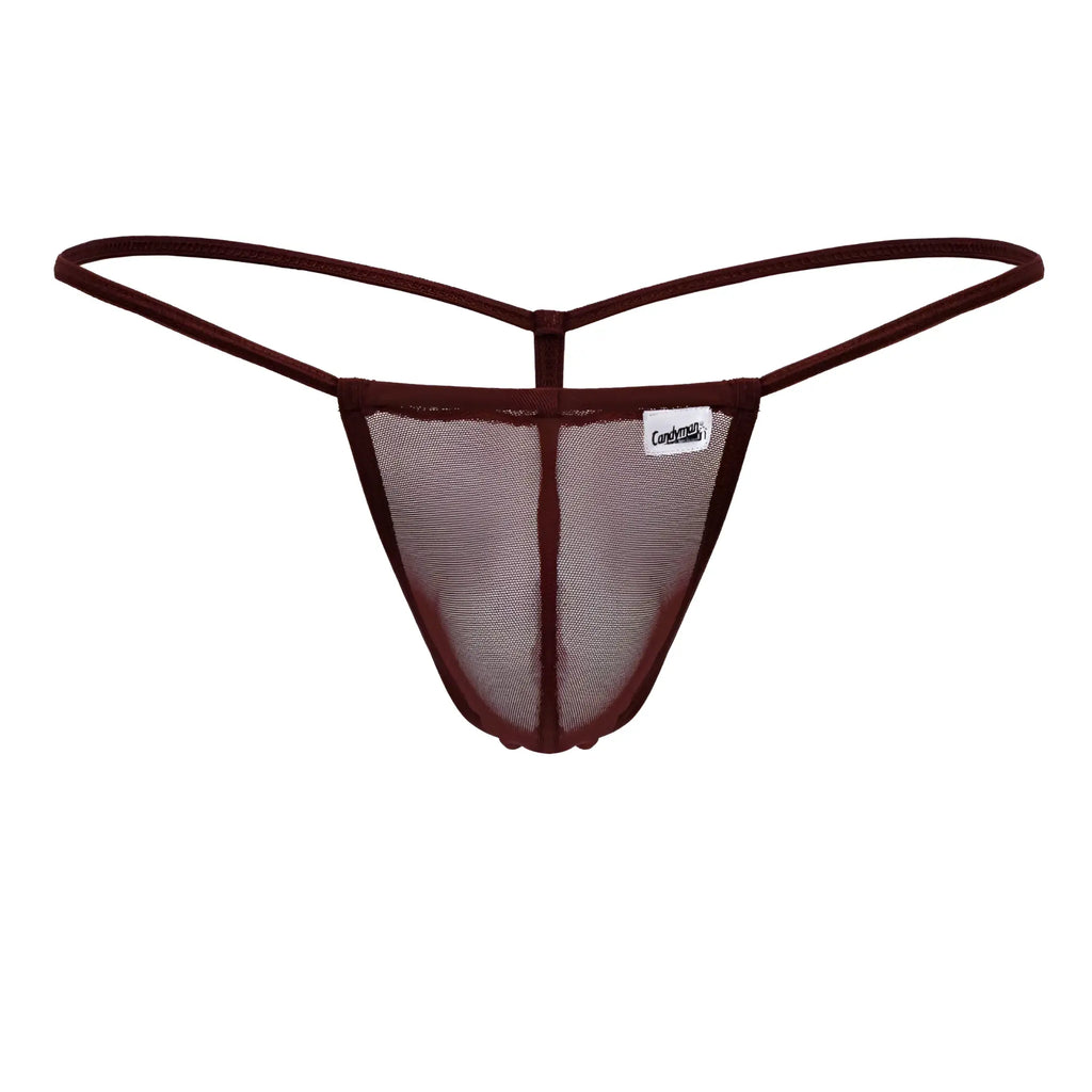 CandyMan 99246 burgundy mesh thong with thin elastic straps and branded label front view