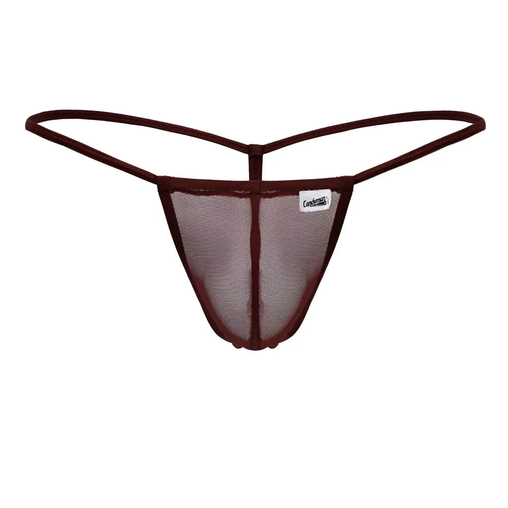 CandyMan 99246 burgundy mesh thong with thin elastic straps and branded label front view