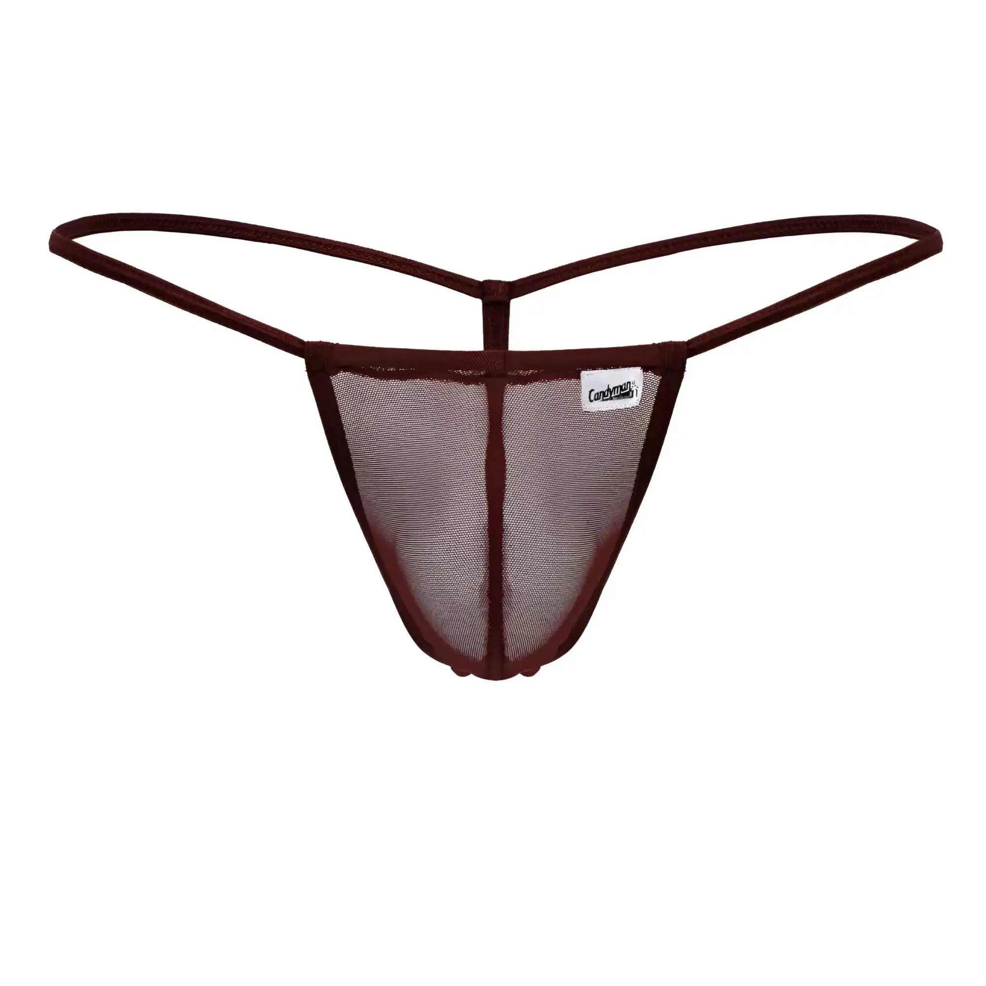 CandyMan 99246 burgundy mesh thong with thin elastic straps and branded label front view