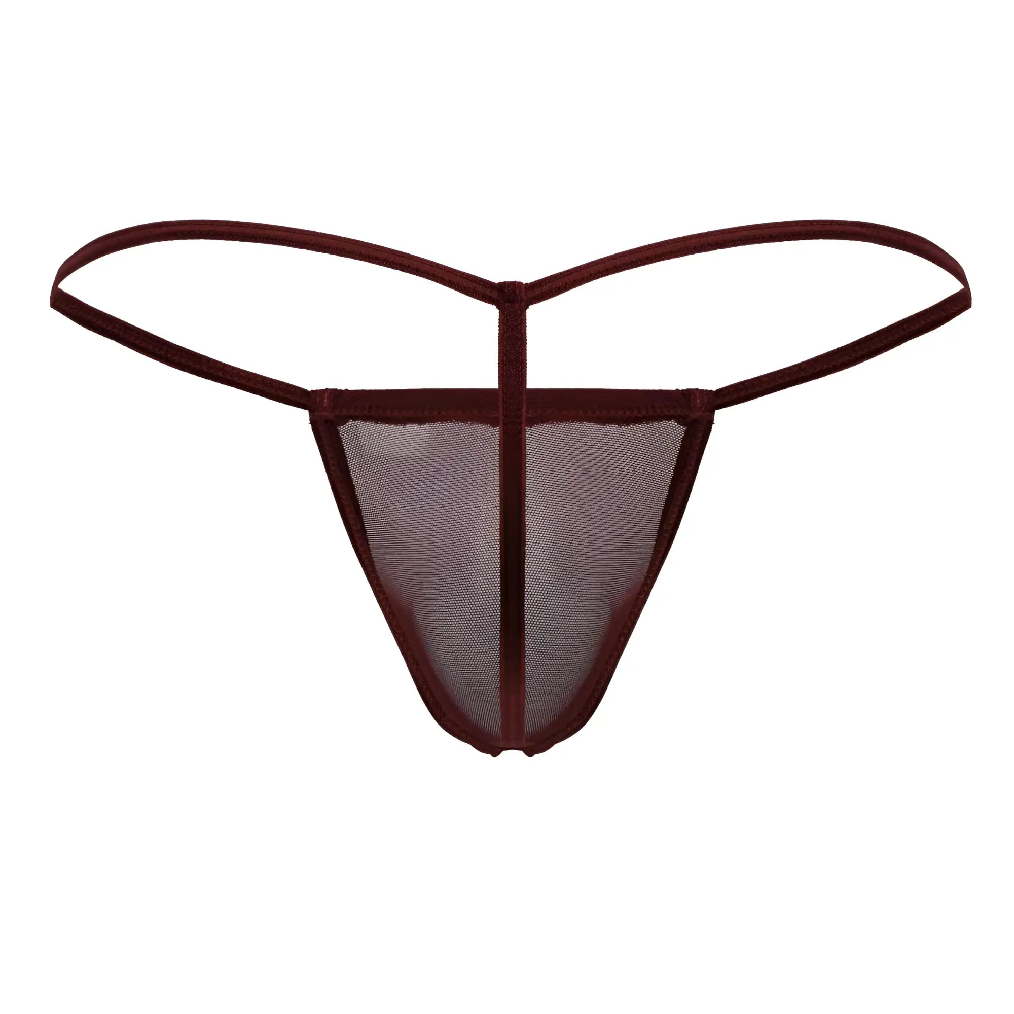 CandyMan 99246 burgundy g-string thong with maroon mesh and solid fabric waistband and leg openings
