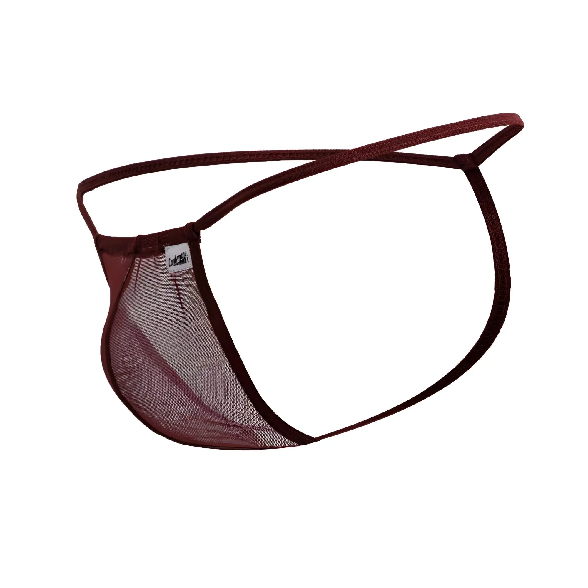 Maroon CandyMan 99246 G-string thong with mesh fabric thin solid straps and a small brand tag visible on front