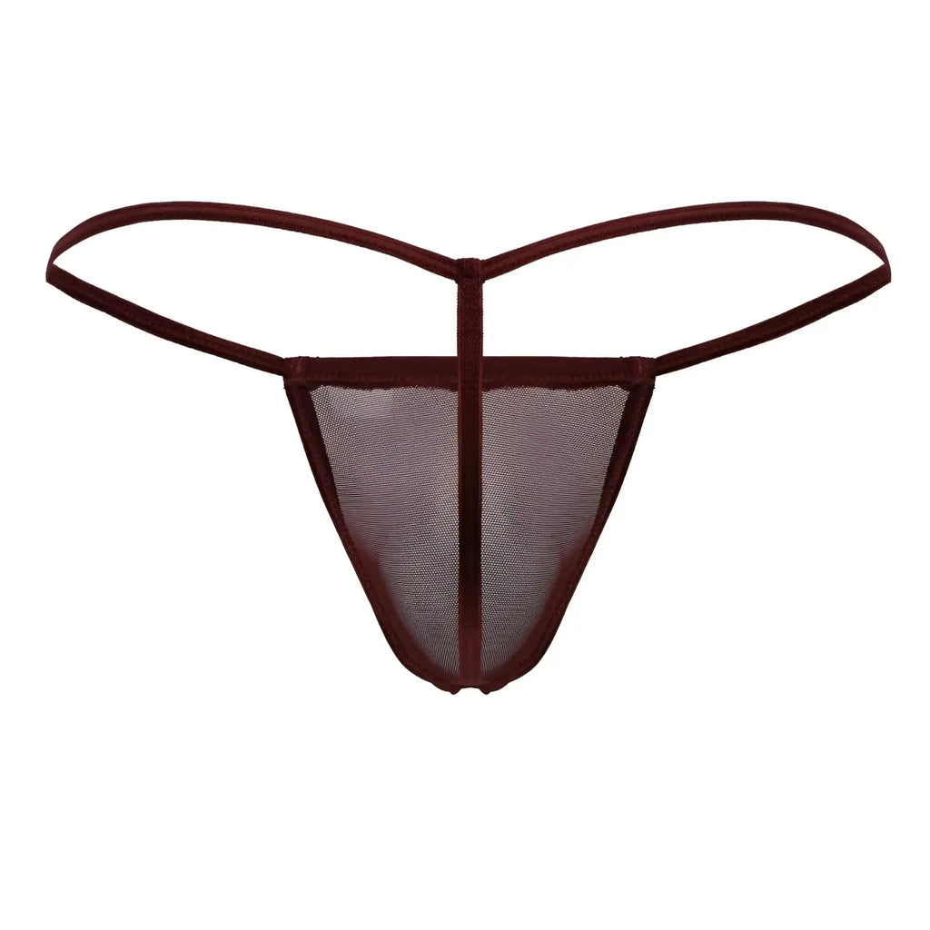 CandyMan 99246 burgundy g-string thong with maroon mesh and solid fabric waistband and leg openings
