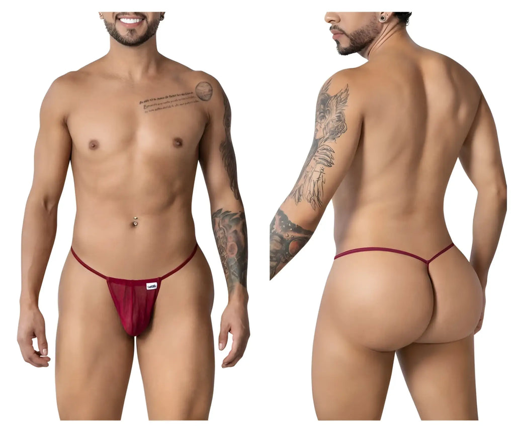 CandyMan 99246 burgundy mesh g-string thong with small white brand tag on front for stylish lightweight wear