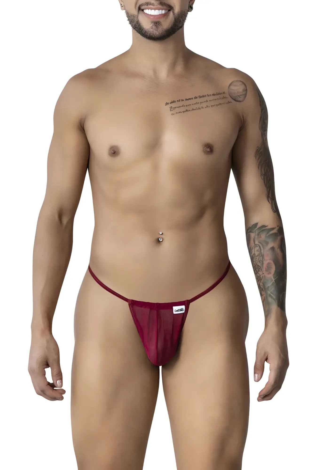 CandyMan 99246 sheer burgundy mesh g-string thong with small white brand tag on the front