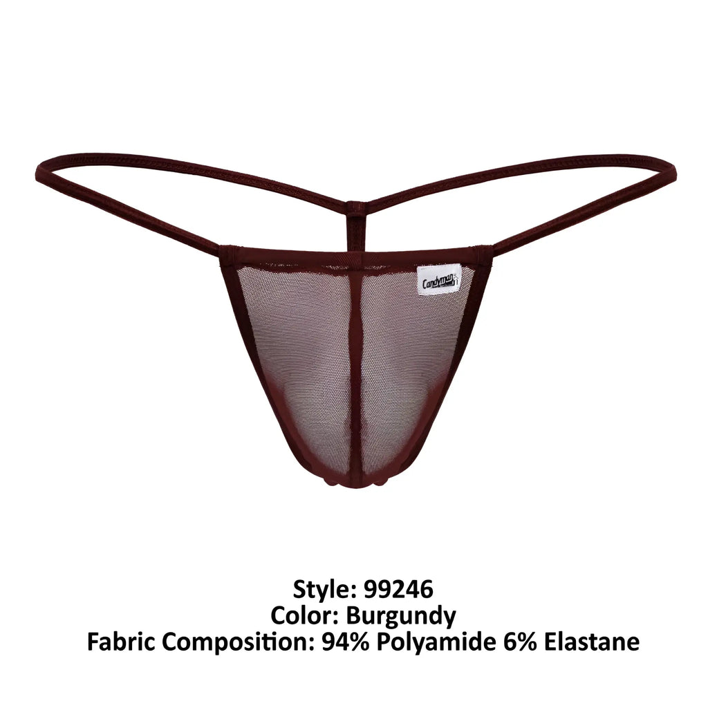CandyMan 99246 g string thong in burgundy mesh with thin elastic straps and branded label visible on front side