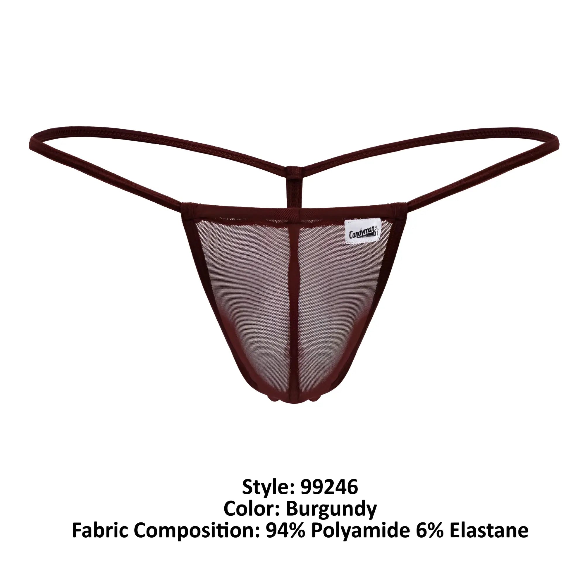 CandyMan 99246 g string thong in burgundy mesh with thin elastic straps and branded label visible on front side