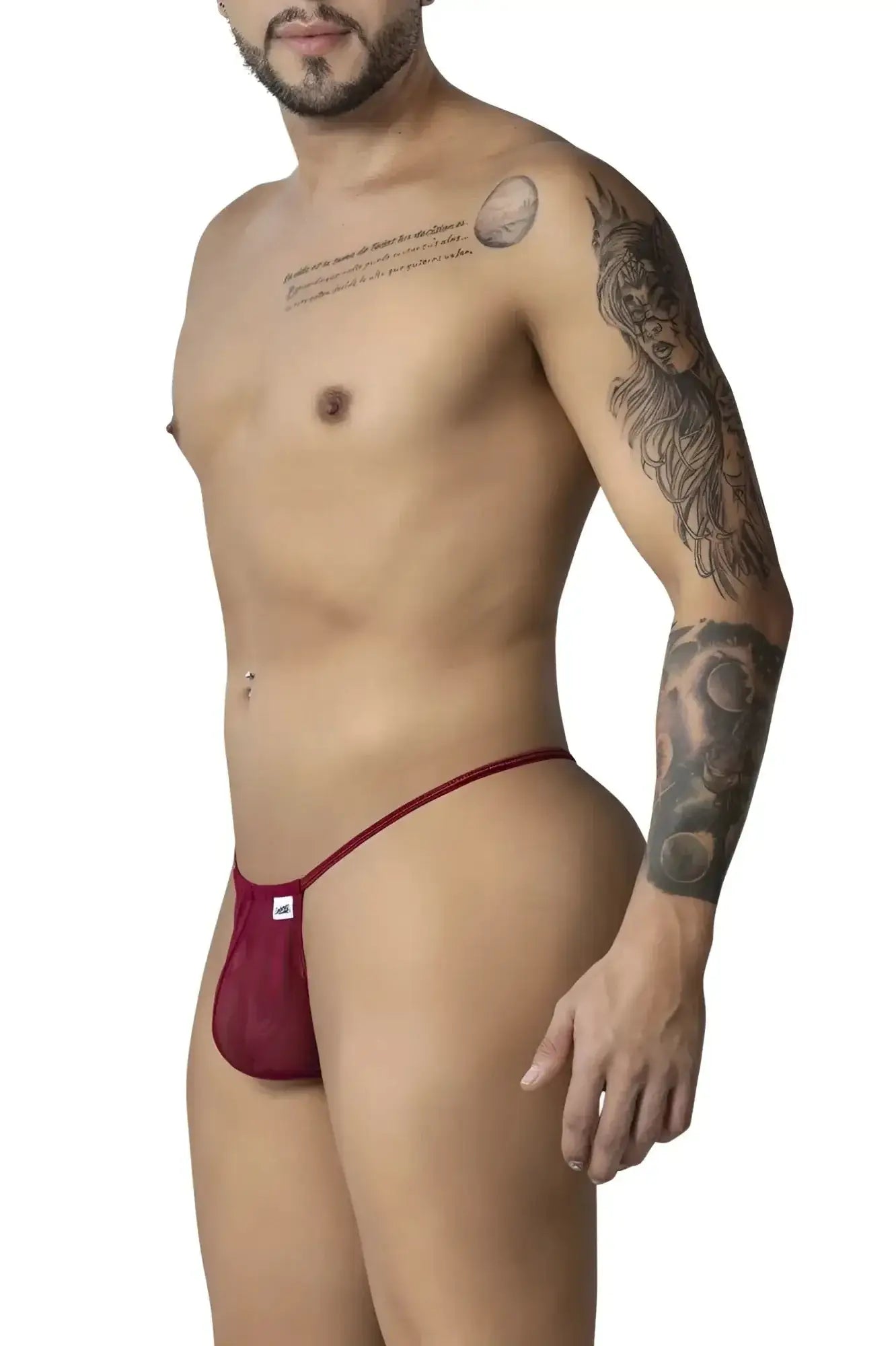 Burgundy candyMan 99246 G-string thong made of red mesh with a small white logo on the front