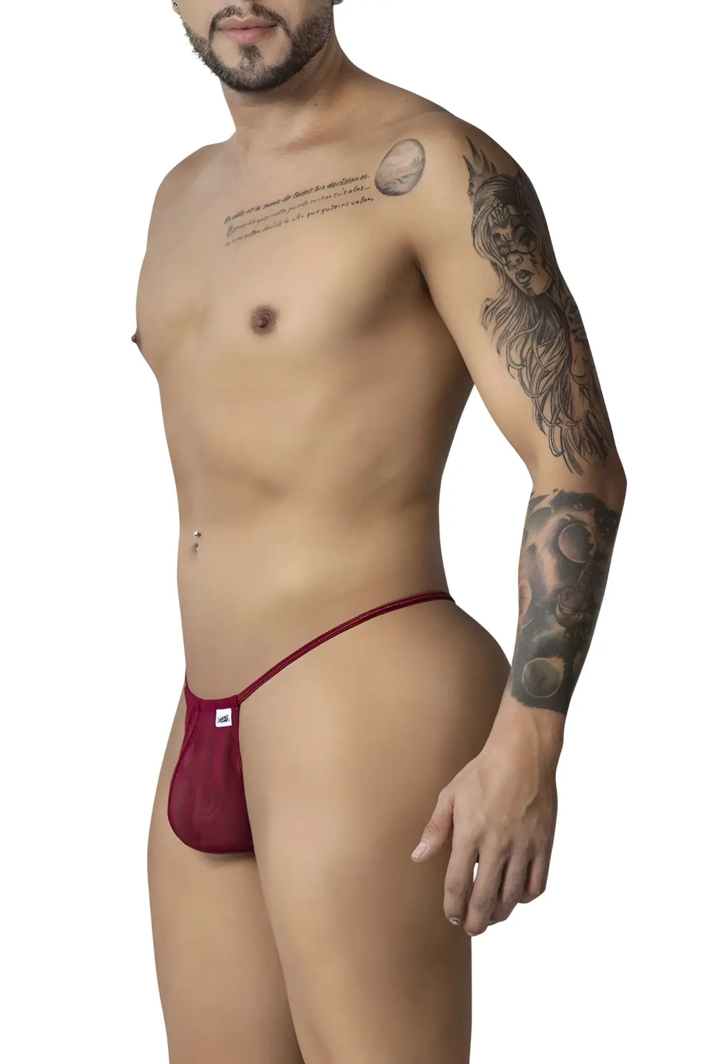 Burgundy candyMan 99246 G-string thong made of red mesh with a small white logo on the front