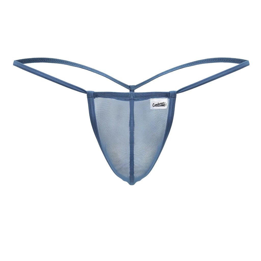 Candyman 99246 turquoise g-string thong featuring blue mesh fabric thin adjustable straps and small white label on front