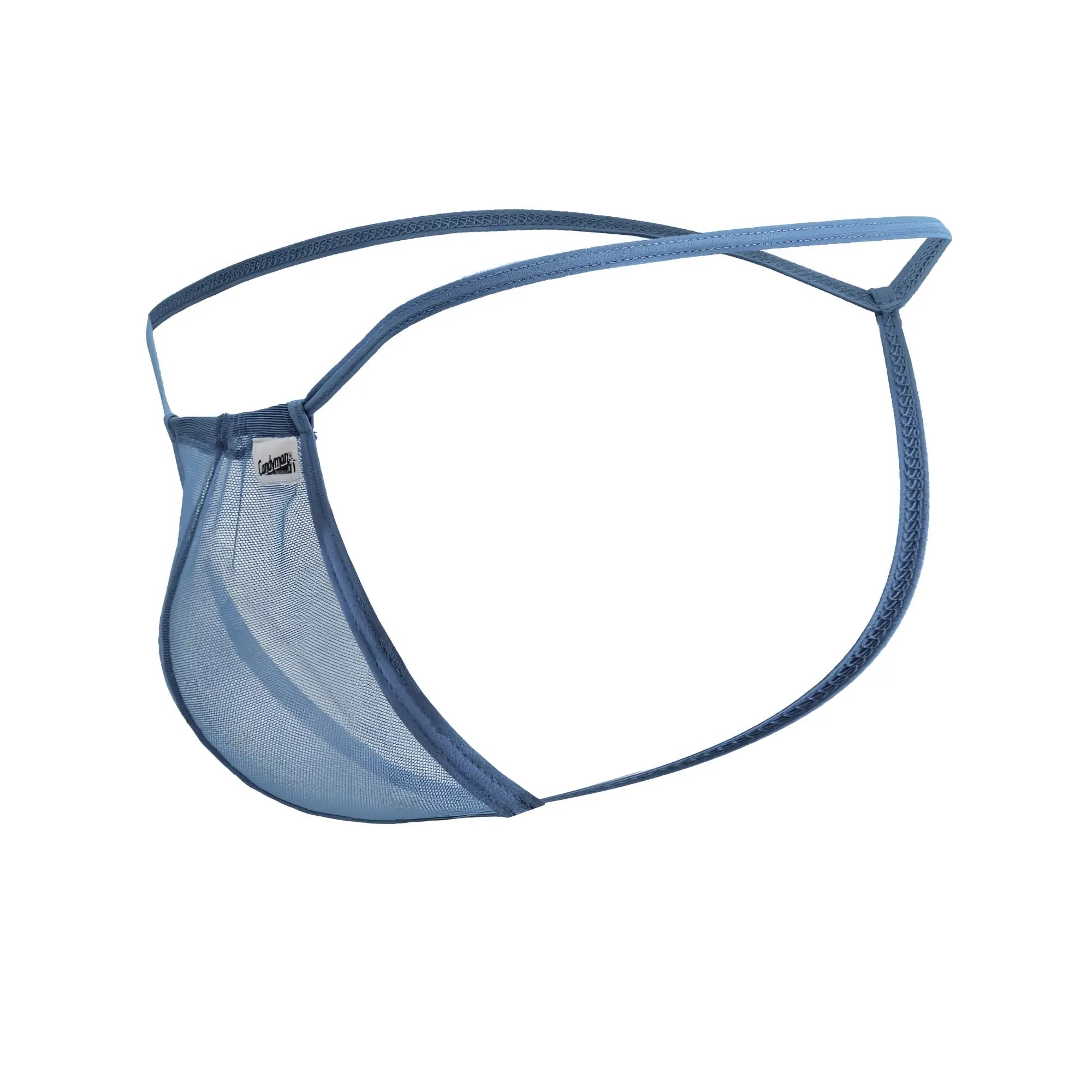 CandyMan 99246 turquoise g-string thong with blue mesh, thin supportive straps, and subtle brand tag on the back side