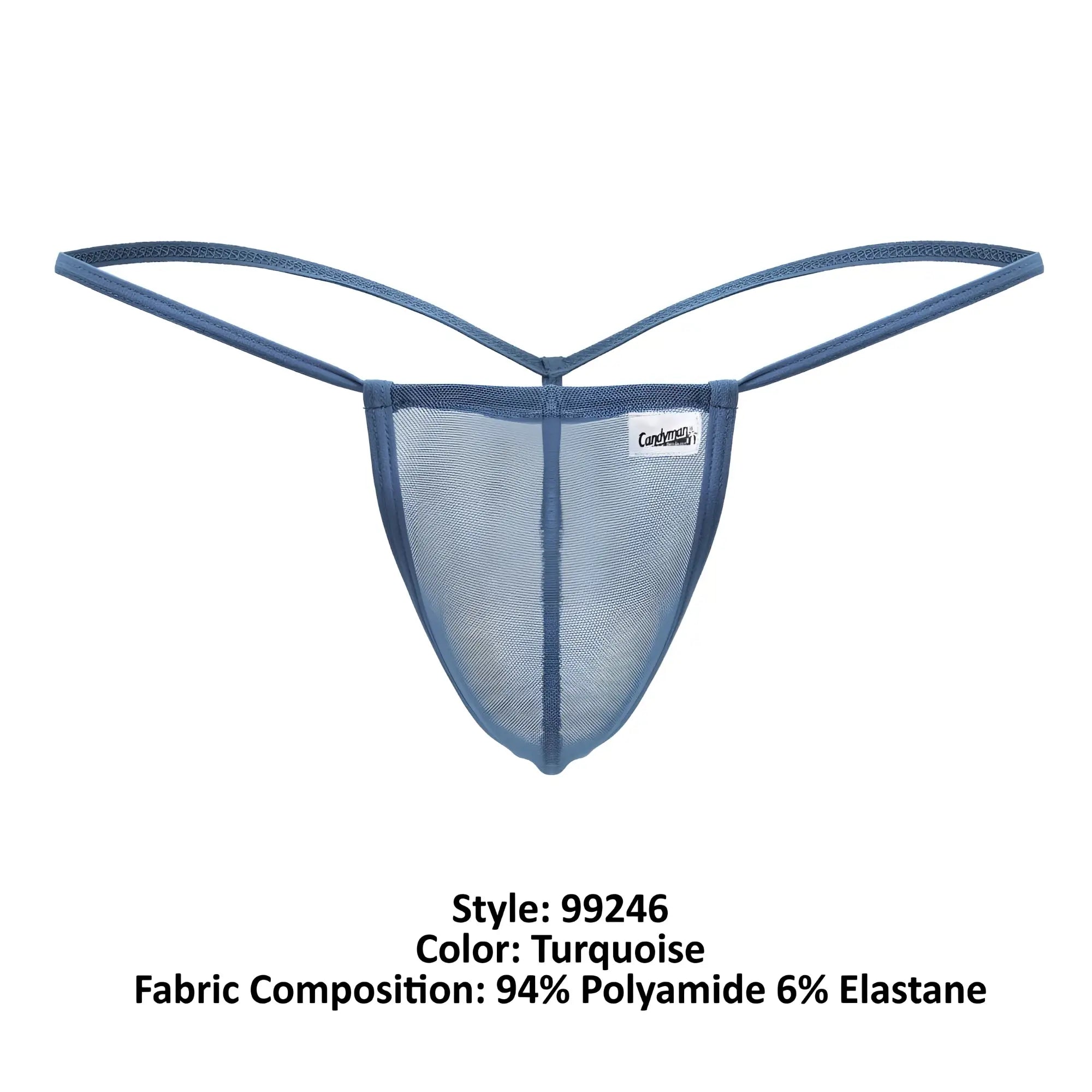 Turquoise candyMan 99246 g-string thong made of mesh with thin adjustable straps and a branded label visible