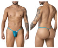 A vibrant turquoise blue CandyMan 99246 sheer mesh thong with minimalist design and a small white brand tag on front