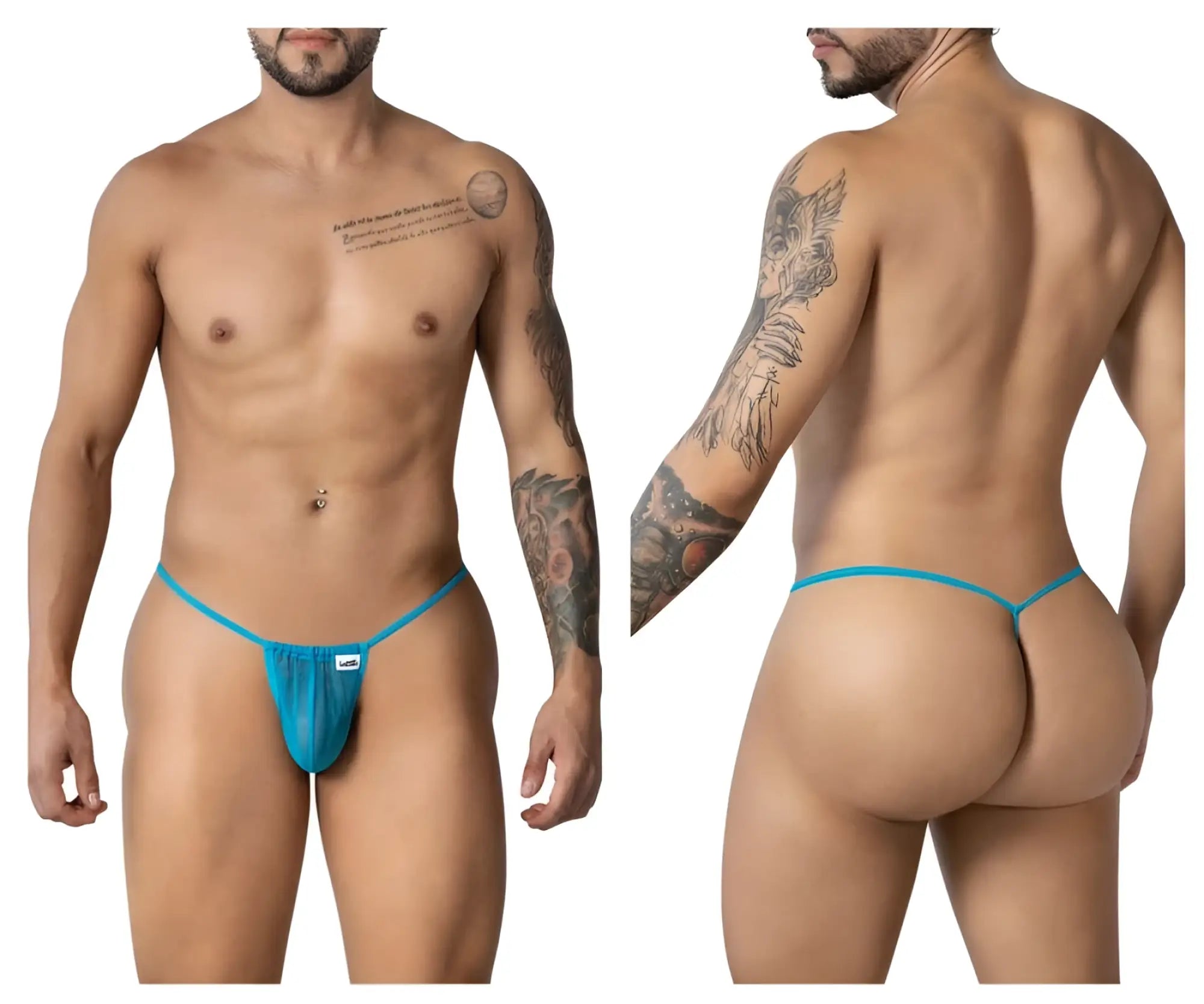 A vibrant turquoise blue CandyMan 99246 sheer mesh thong with minimalist design and a small white brand tag on front