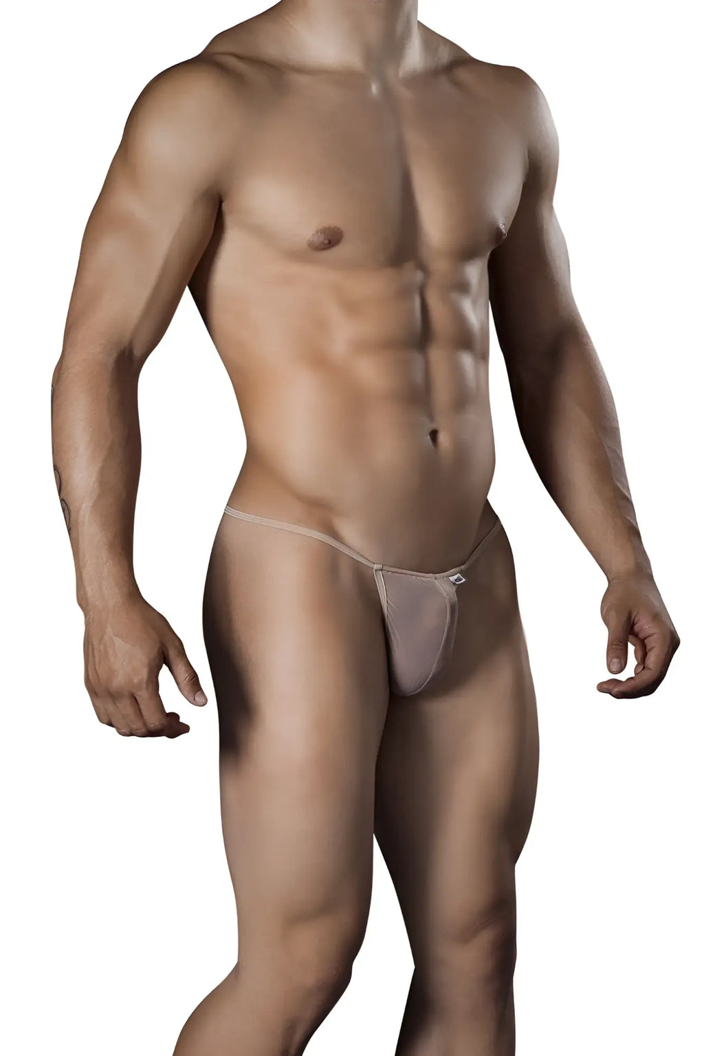 Beige mesh thong with a small white logo on the front from candyman 99246 thongs collection