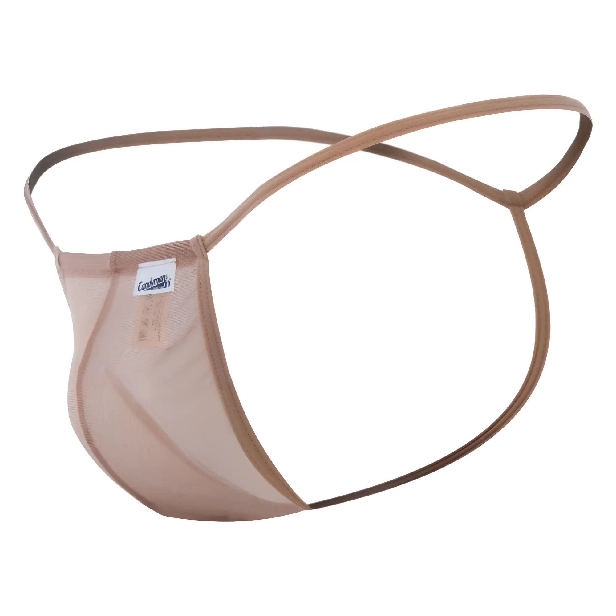 CandyMan 99246 thong in beige sheer tan mesh with thin matching fabric straps and small brand tag on the side