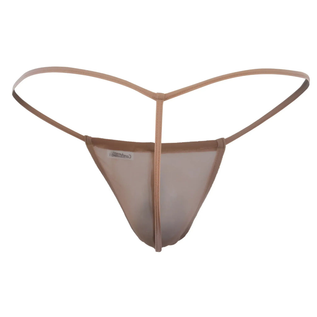 CandyMan 99246 thong in beige sheer mesh with a thin supportive waistband showing the back side