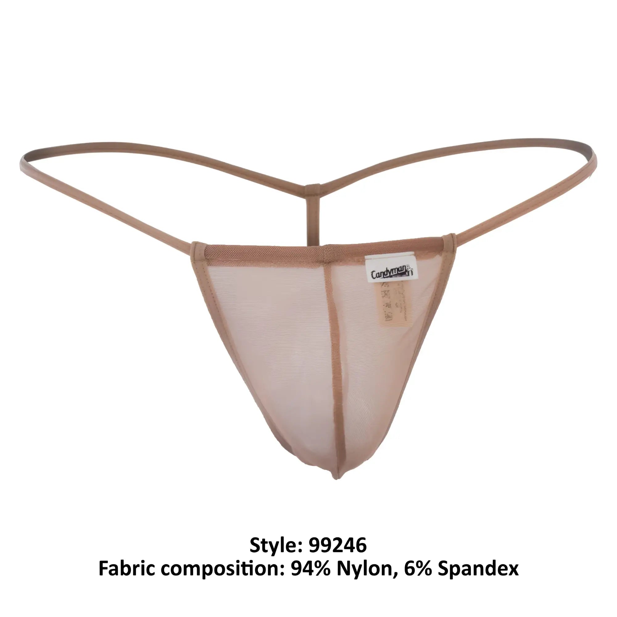 CandyMan 99246 beige thong in tan mesh with thin supportive straps and branded tag visible on the front