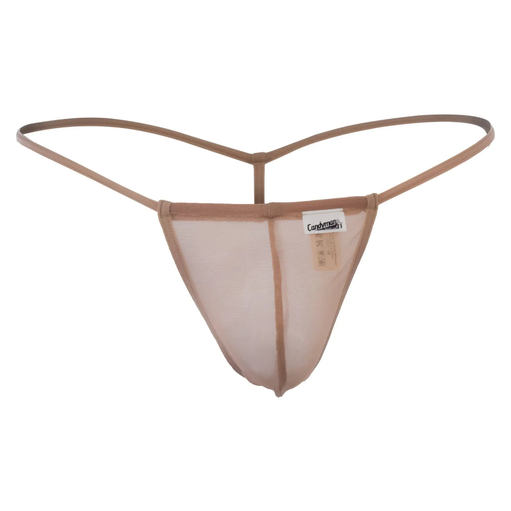 Beige tan mesh thong with thin supportive straps and a branded tag candyMan 99246 thongs