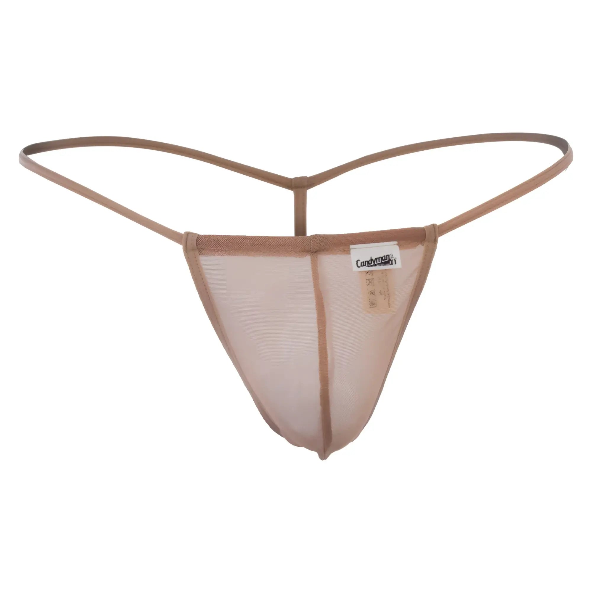 Beige tan mesh thong with thin supportive straps and a branded tag candyMan 99246 thongs