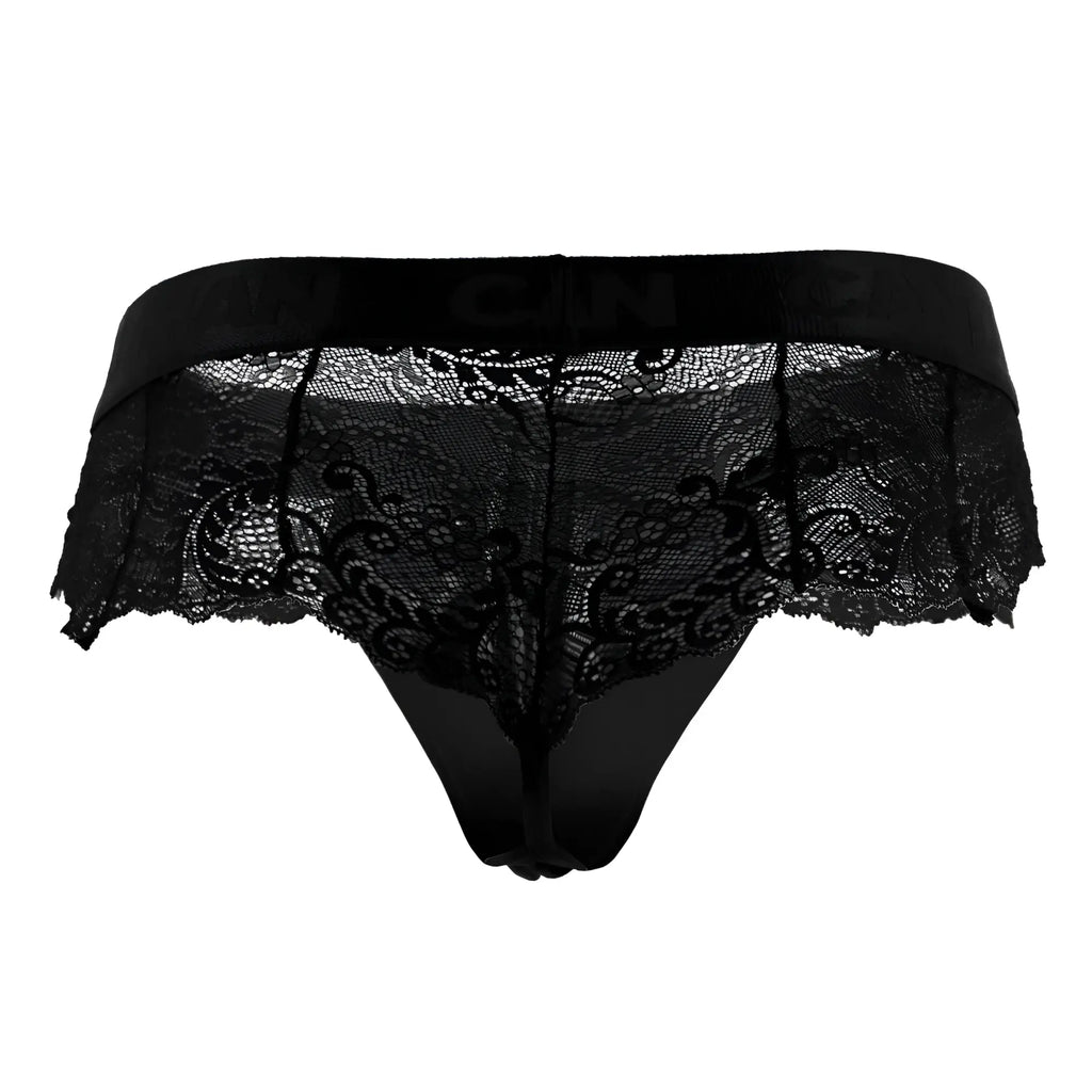 Black lace thong by candyman 99304 with solid black elastic waistband and intricate floral patterns front view