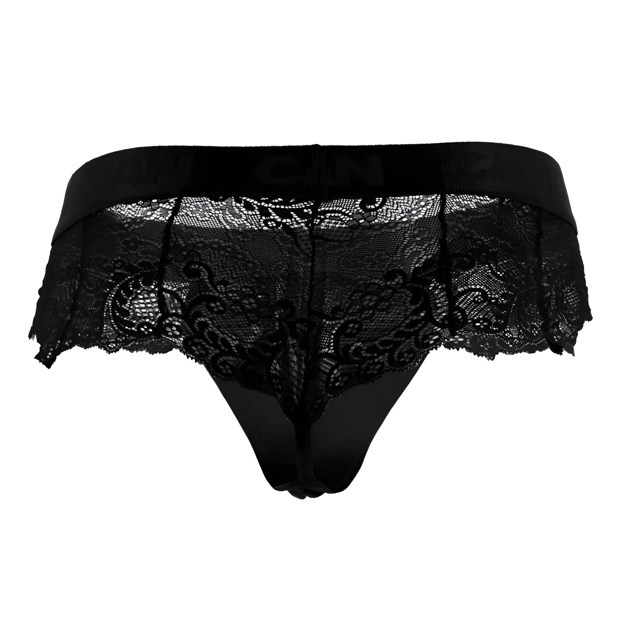 Black lace thong by candyman 99304 with solid black elastic waistband and intricate floral patterns front view