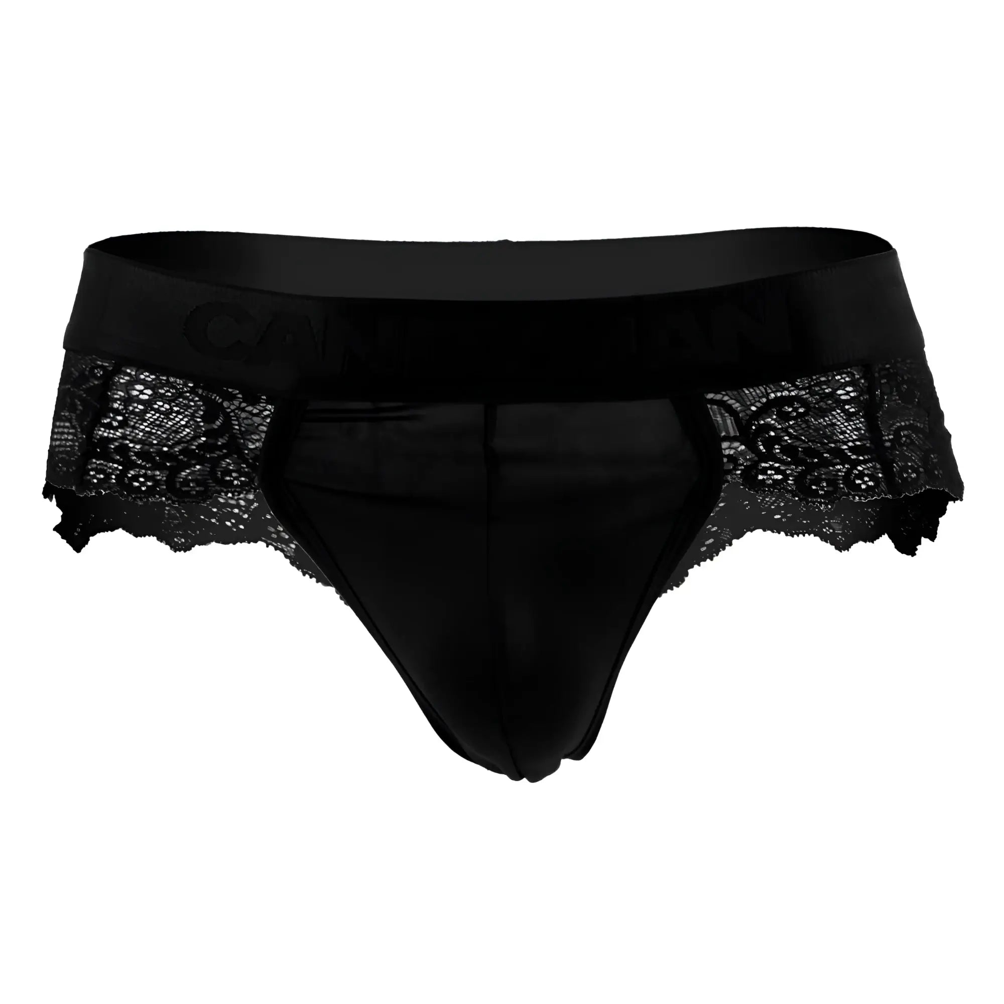 Black lace-trimmed men’s briefs with satin waistband from candyman 99304 thongs in black color shown from the front