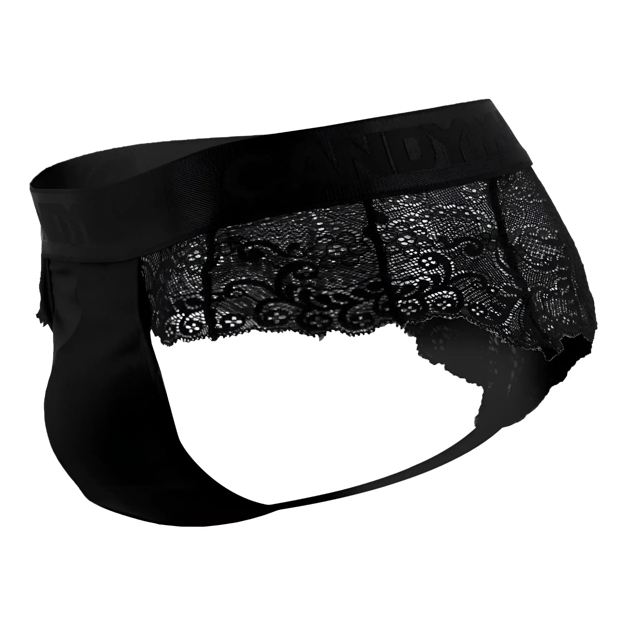 Black lace-trimmed men’s briefs with satin waistband featuring candy brand name in candy man 99304 thongs color black