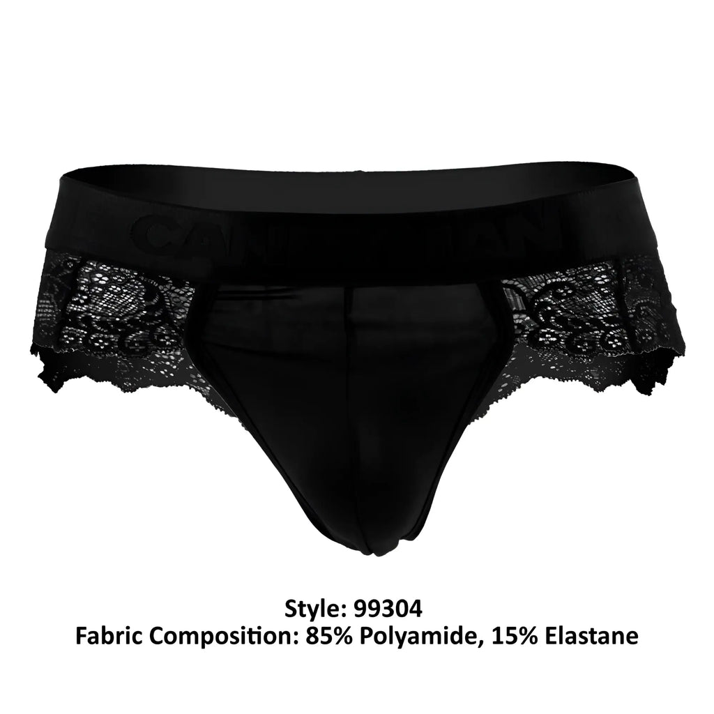CandyMan 99304 thongs black satin waistband lace-trimmed briefs made of 85% polyamide 15% elastane with elegant design