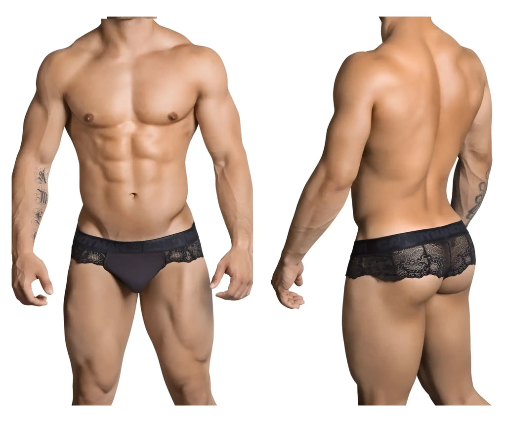 Black CandyMan 99304 thongs with lace-trimmed briefs and smooth fabric waistband front view